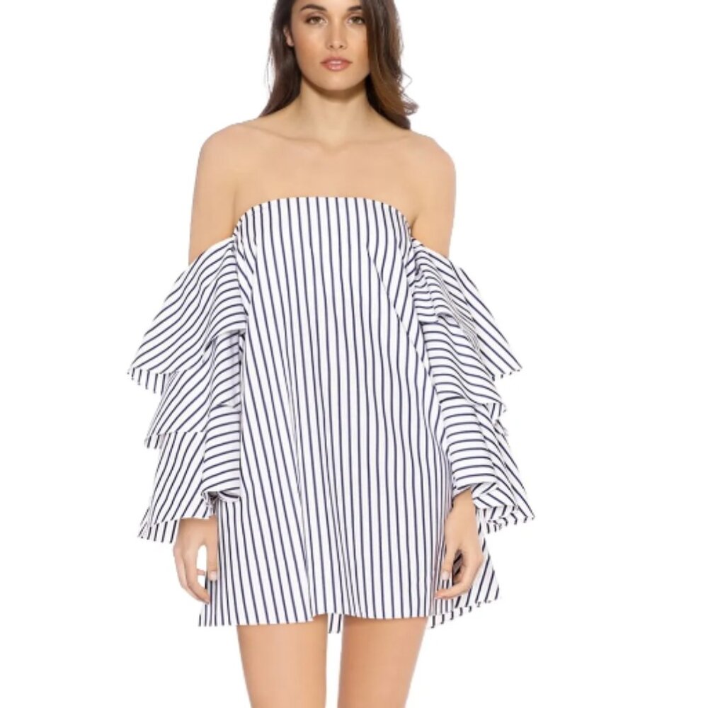 CAROLINE CONSTAS Striped Carmen Off the Shoulder Dress XS White Navy